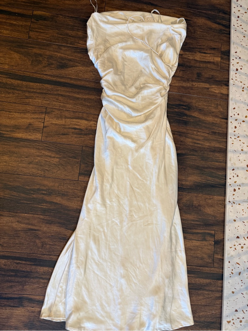 Strapless White Satin Slip Dress with Cowl Neck